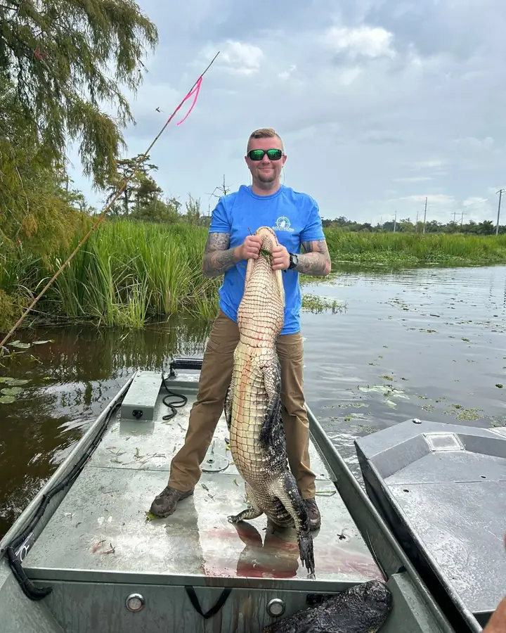 Hunter holding an alligator upright in a jon boat on the Louisiana marsh